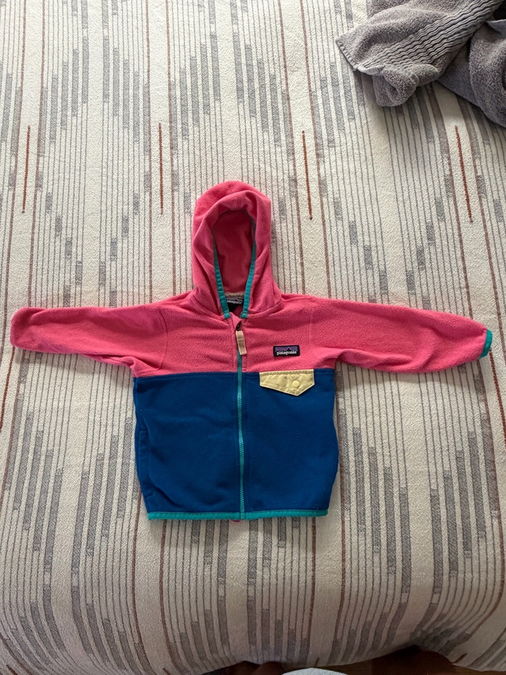 Patagonia Kids Hooded Fleece Jacket in Pink, Blue & Yellow